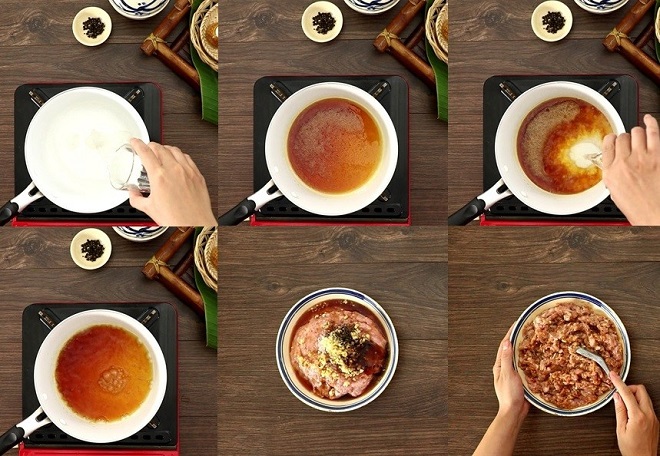 thao tác nấu nướng hàng và trộn thịt chả viên