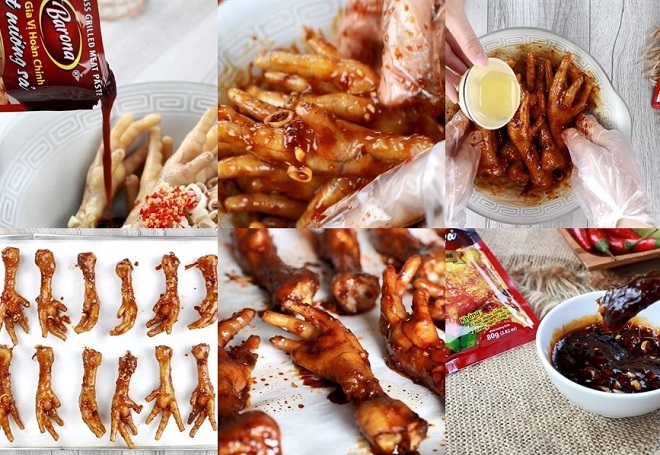 thêm xốt ướp thịt và nướng chín chân gà