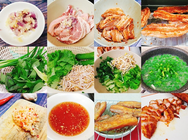 tổng hợp các thao tác làm bún thịt nướng bằng thịt ba chỉ