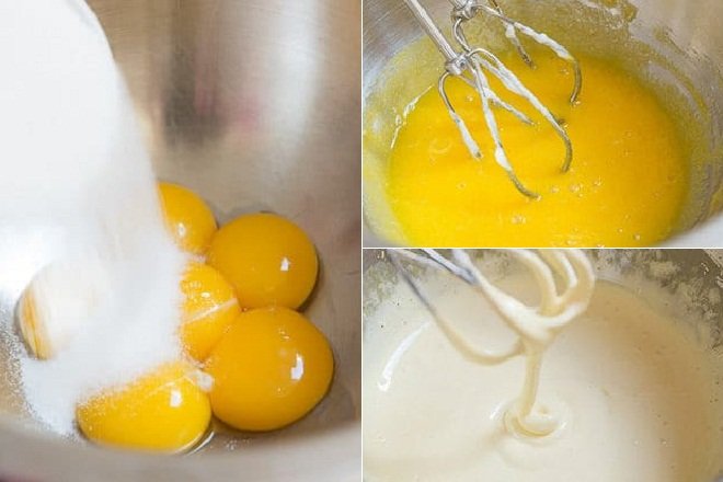 trộn hỗn hợp lòng đỏ trứng làm bánh tiramisu