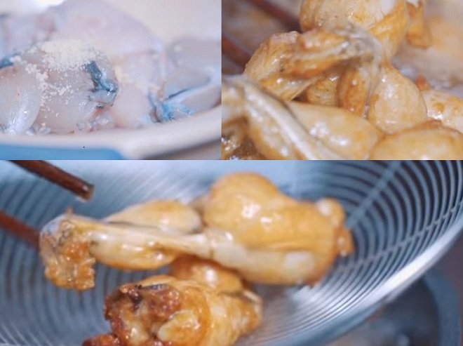 ướp và chiên sơ thịt ếch