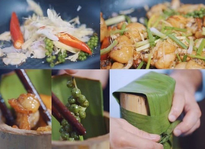 xào thịt ếch với một số phụ liệu và bỏ thịt vào ống tre