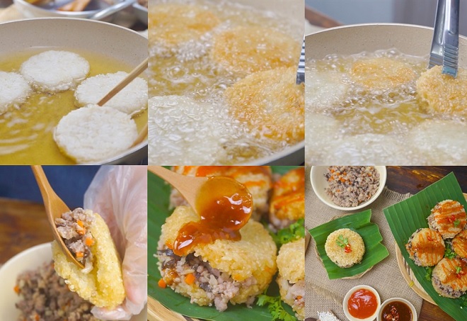 cách chiên xôi và nhồi nhân thịt phủ kèm nước xốt