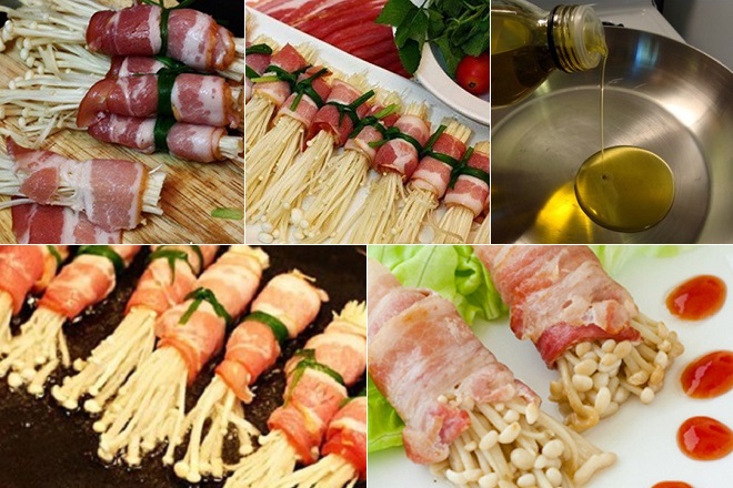cách làm thịt ba chỉ cuộn nấm kim châm rán