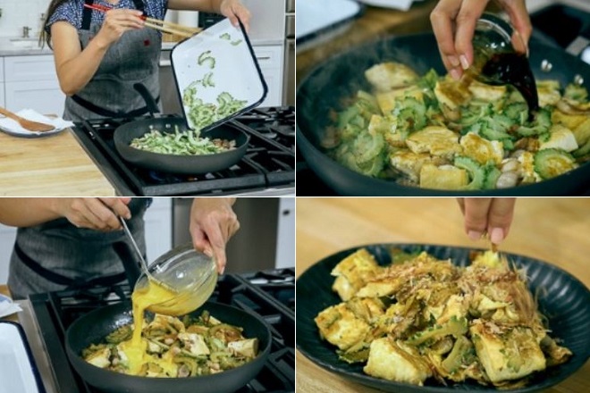 cách xào mướp đắng với thịt heo, đậu phụ, trứng chiên