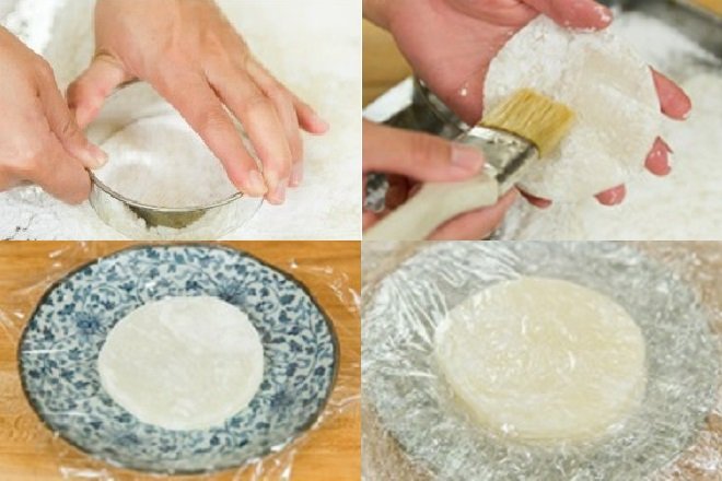 cắt bột nếp bánh mochi thành khoanh tròn
