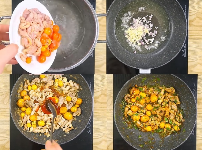 chần sơ tràng trứng và xào với các loại gia vị