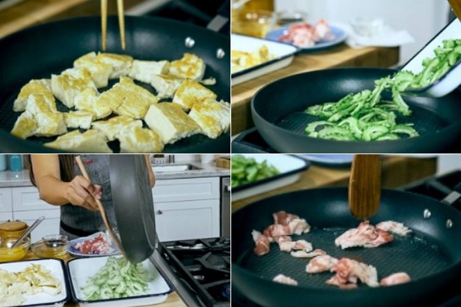chiên đậu hũ, mướp đắng, thịt heo