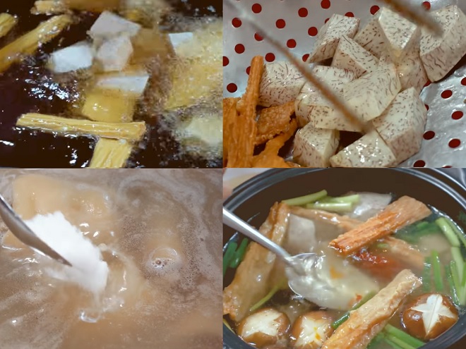 chiên khoai môn với đậu hũ ky và nêm nếm nước lẩu