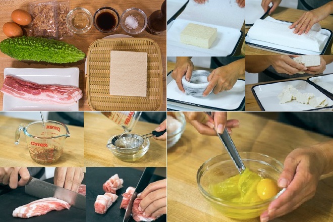 chuẩn bị nguyên liệu làm mướp đắng xào trứng kiểu Nhật