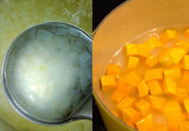công đoạn đun riêng nha đam và bí đỏ