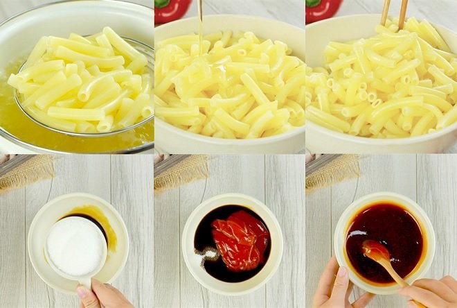 công đoạn luộc chín nui và pha nước xốt ướp thịt