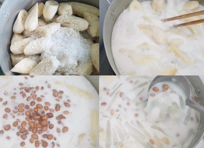 công đoạn nấu chuối với nước cốt dừa cùng đậu phộng và nha đam