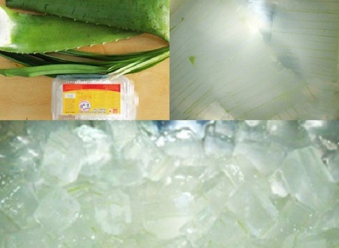 công đoạn ngâm nha đam trong nước muối và cắt hạt lựu