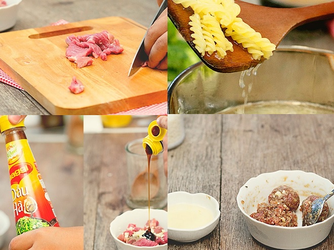 công đoạn vớt ráo nui và ướp gia vị cho từng loại thịt bò