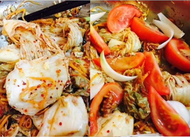công đoạn xào kim chi cải thảo và thêm cà chua cùng hành tây