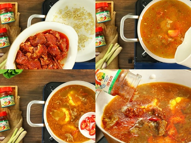 công đoạn xào thịt bò và đun nước lẩu