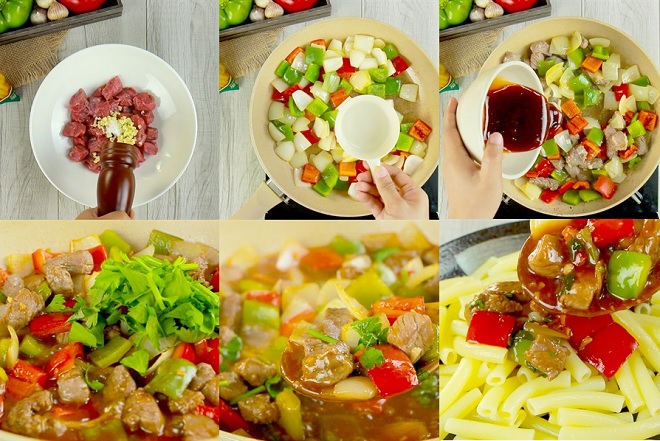 công đoạn xào thịt bò với ớt chuông và nui