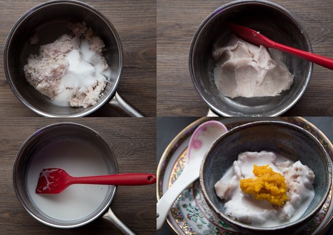 đun chín hỗn hợp chè khoai môn nước cốt dừa kèm bí đỏ