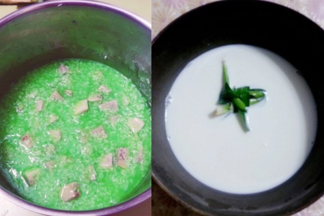 đun hỗn hợp chè khoai môn với gạo nếp lá dứa và làm nước cốt dừa