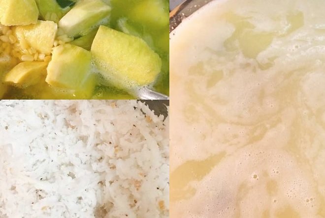 đun nóng hỗn hợp khoai môn đậu xanh và xay dừa bào lấy nước cốt
