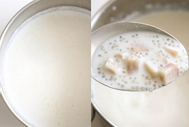 đun nước cốt dừa với hỗn hợp khoai và bột báng