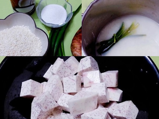 đun sôi gạo nếp với lá dứa và cắt nhỏ khoai môn