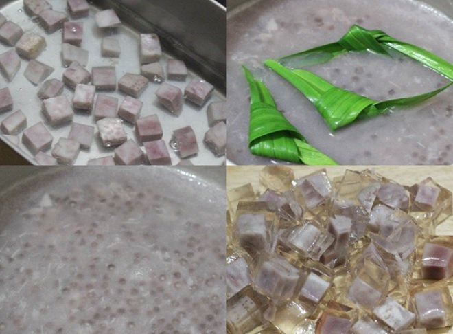 khâu bọc vỏ thạch rau câu cho khoai môn và đun nước chè bột báng