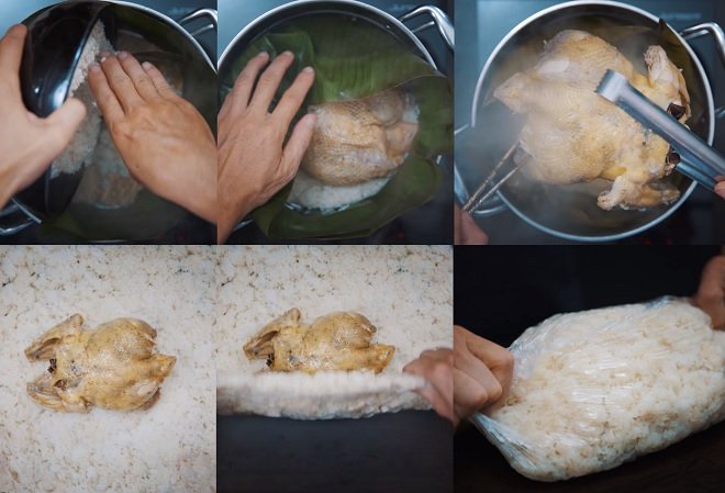 khâu hấp xôi chung với gà bó thành cuộn to