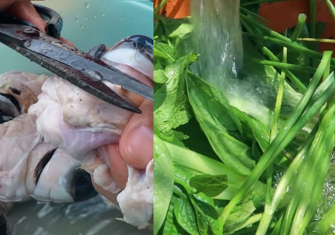 khâu sơ chế mắt bò và rau sống