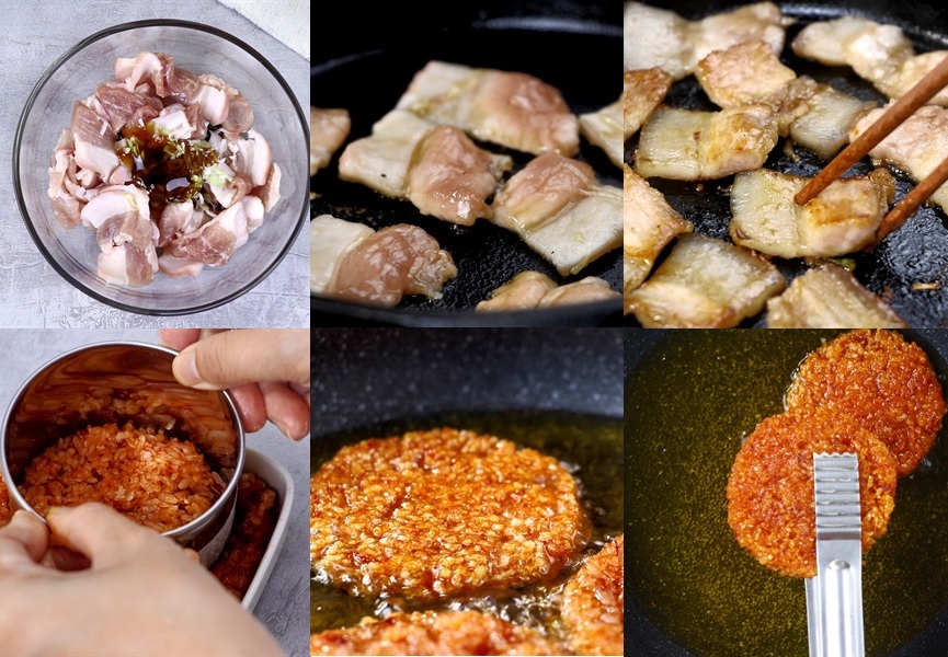 khâu xào thịt ba chỉ và chiên xôi gấc