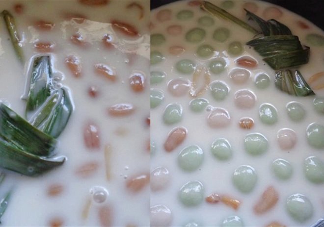 lần lượt cho nước cốt dừa với lá dứa cùng đậu phộng và viên khoai vào nôi đun