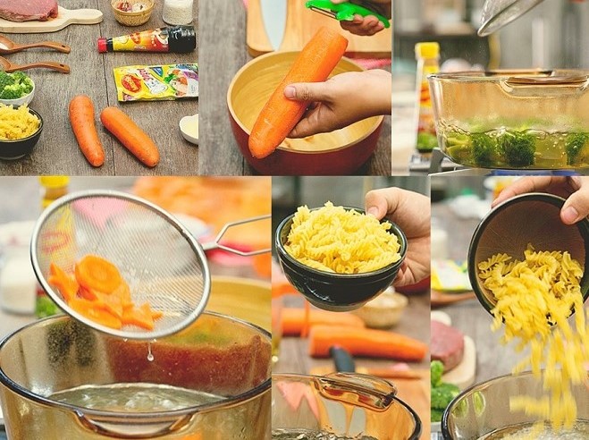luộc chín nui và rau củ đã cắt nhỏ