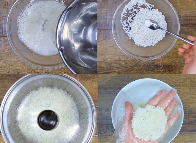 nấu chín và ấn dẹp gạo nếp