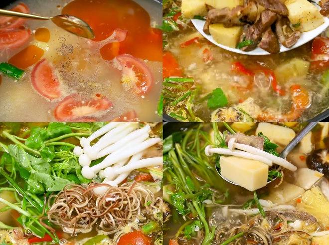 nấu nước lẩu cùng thịt và các loại rau