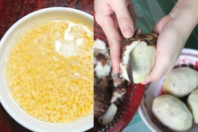 ngâm nở đậu xanh và gọt vỏ khoai môn sáp