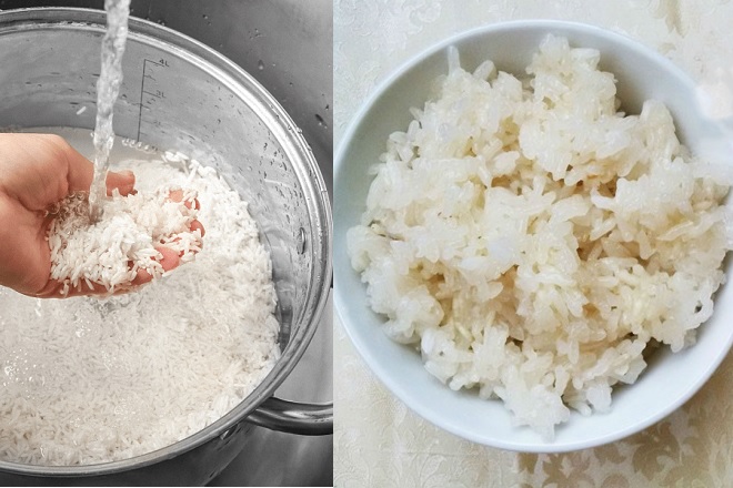 ngâm nở gạo nếp và nấu chín thành xôi