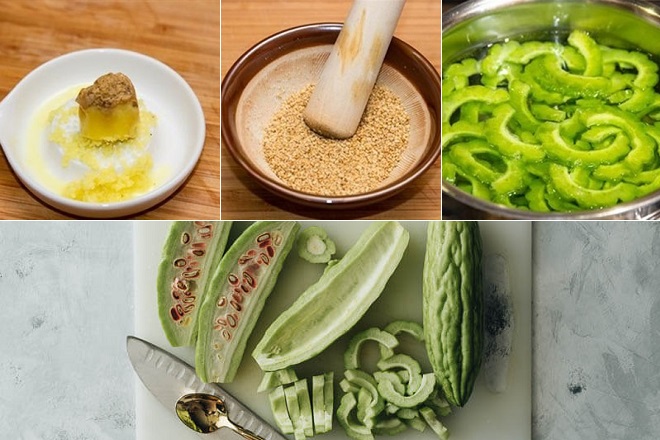 nguyên liệu làm khổ qua xào trứng chay