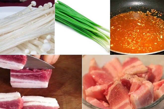 sơ chế nấm kim châm và ướp thịt ba chỉ