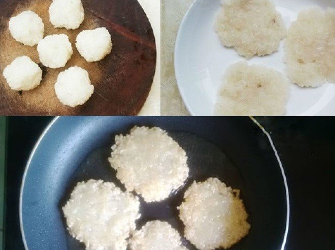thao tác cán dẹp xôi nếp và chiên giòn