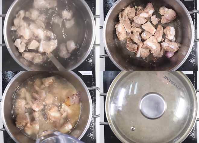 thao tác luộc sơ sườn sụn và nấu nước dùng lẩu