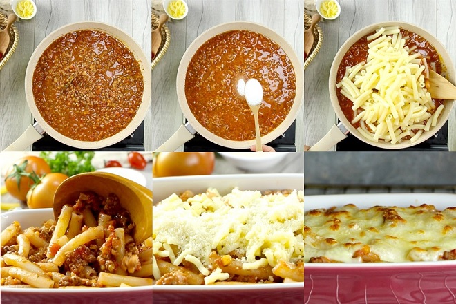trộn nui với hỗn hợp xốt và phủ phô mai đem bỏ lò