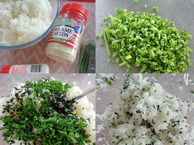 ướp hành lá và rong biển cùng gia vị vào xôi nếp