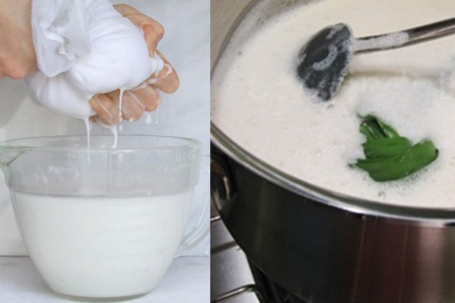 vắt nước cốt dừa lẫn nước dừa dảo và đun với lá dứa