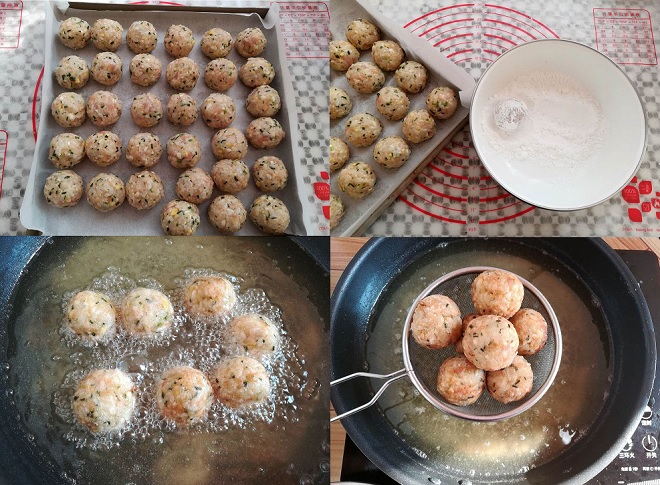 vo tròn xôi lăn qua bột và chiên giòn