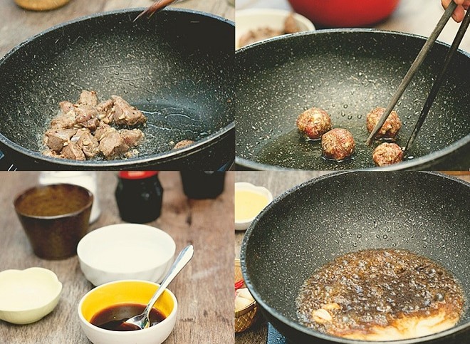 xào thịt bò và làm nước xốt trộn nui