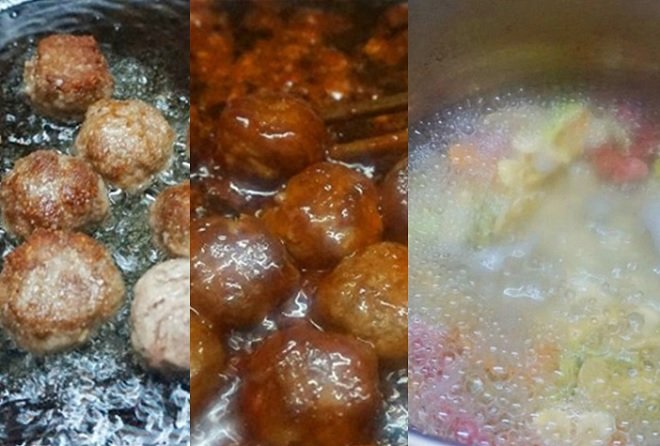 xào thịt bò viên và luộc chín nui